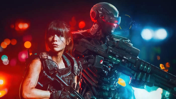 Sci-fi soldier girl and robot with rifle 4K