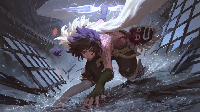 Girl ninja with glowing sword in rain