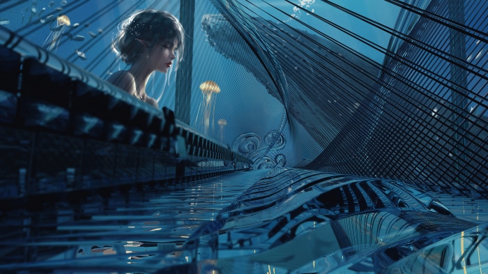 Fantasy girl playing piano underwater with jellyfish