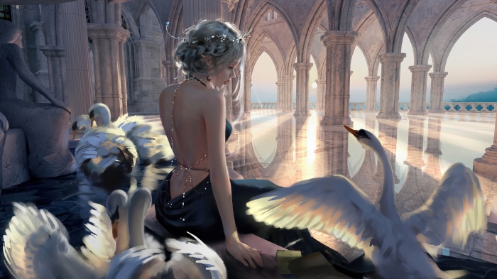 Fantasy girl with swans in ancient architecture 4K