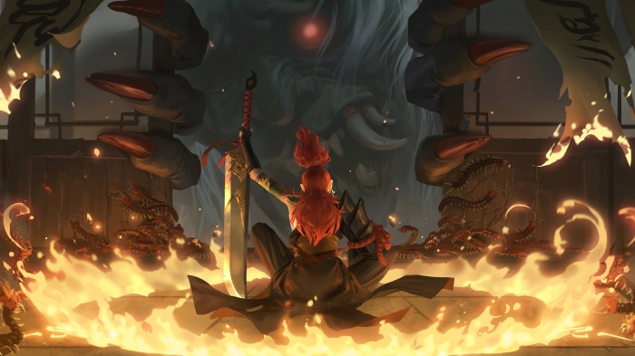 Warrior girl facing a monster surrounded by flames