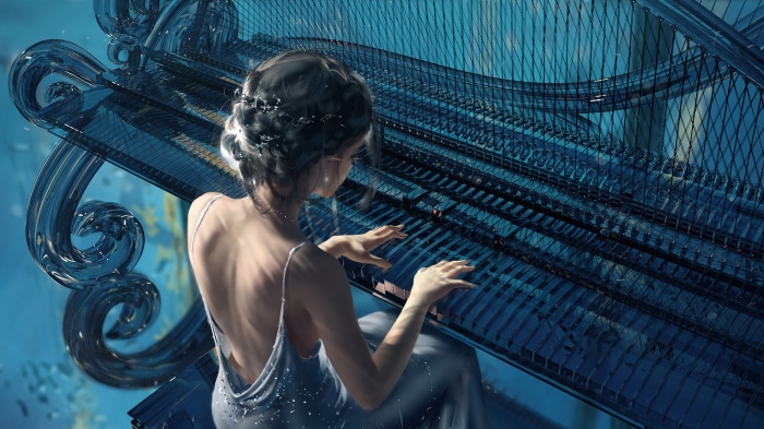 Fantasy girl playing a piano in 4K