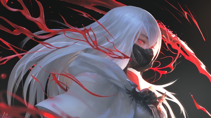 Anime girl with white hair, mask, and red accents 4K