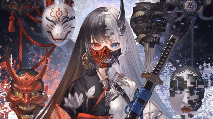 Anime Girl with Masks and Katana 4K