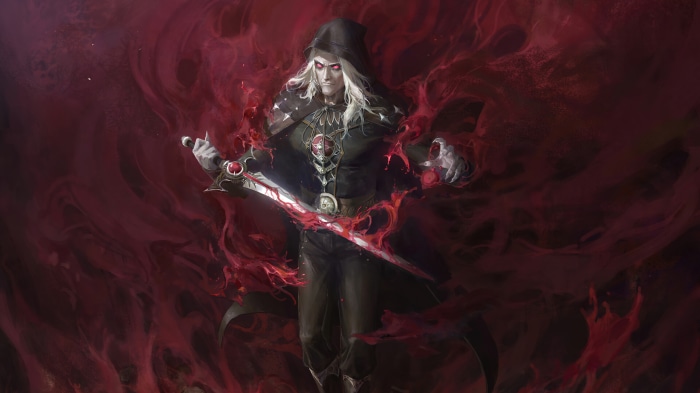 Vampire warrior with bloody sword and red smoke