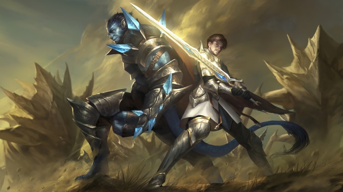 Fantasy warriors with swords in a desert landscape 4K