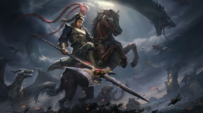 Warrior on horseback with dragons and burning city, 4K