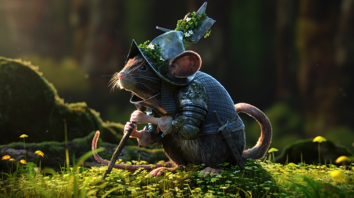Mouse soldier in armor with a sword in a forest