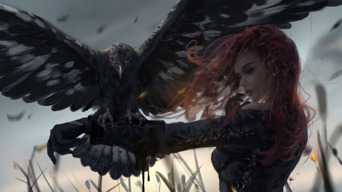 Woman with red hair and a black bird
