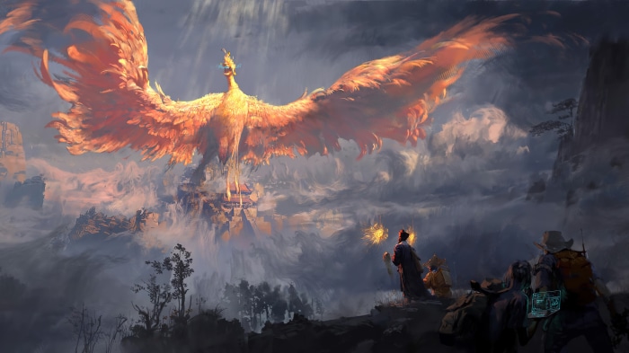 Phoenix flying over a fantasy landscape with people