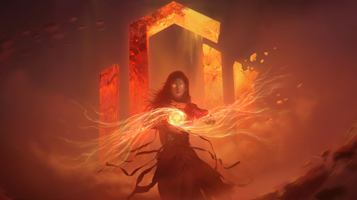 Girl casting magic with fiery portal