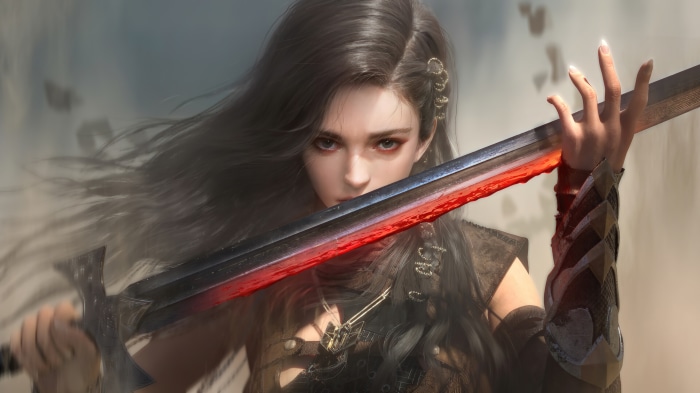 Fantasy warrior girl with glowing sword 4K