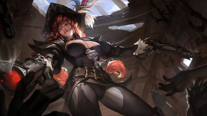 Female gunslinger with red hair and pistols