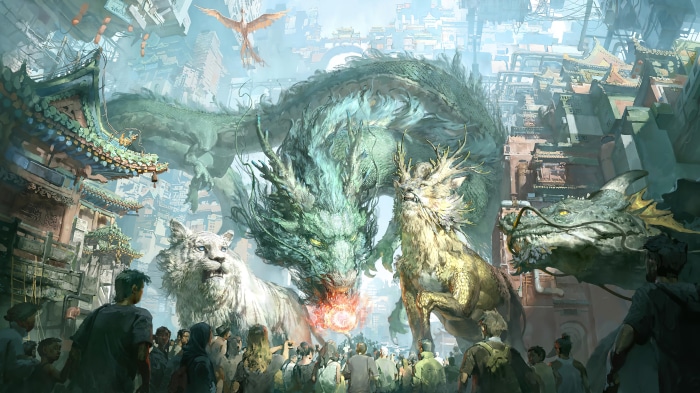 Mythical Creatures in a Fantasy City
