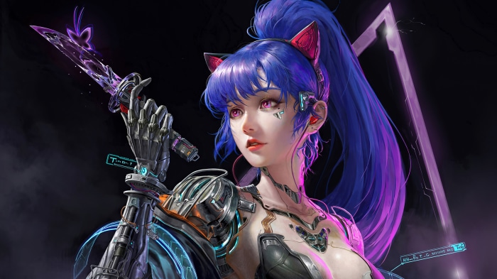 Cyberpunk girl with blue hair and sword