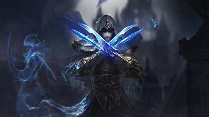 Fantasy assassin with blue energy blades in rain