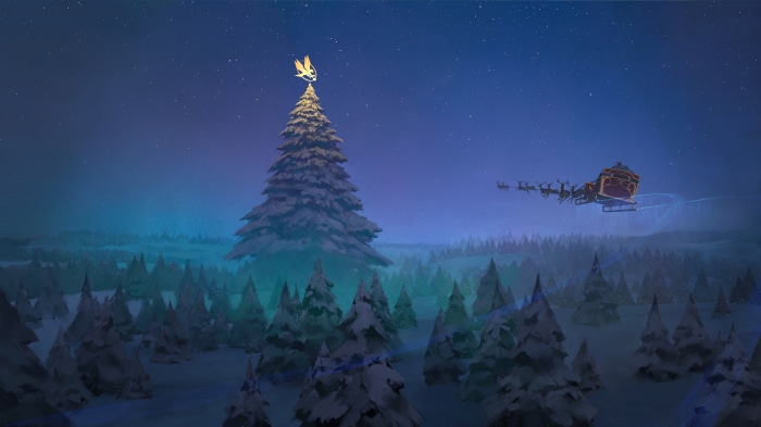 Santa Claus sleigh flying over snowy forest with Christmas tree 4K