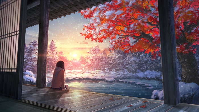 Anime girl watching sunset in winter autumn scenery 4K