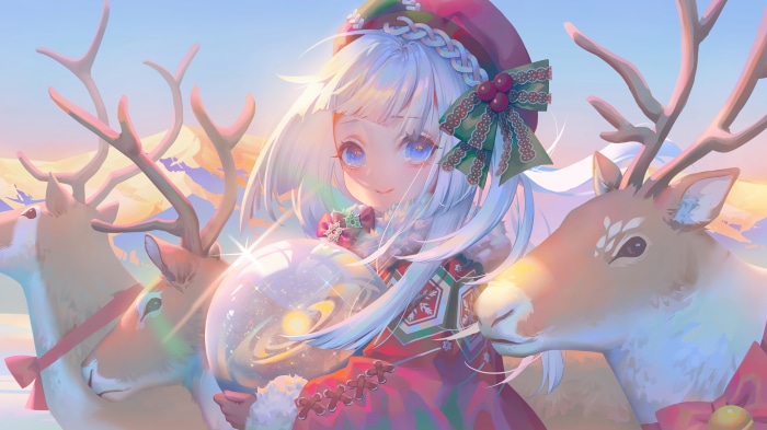 Anime girl with reindeer in Christmas art 4K