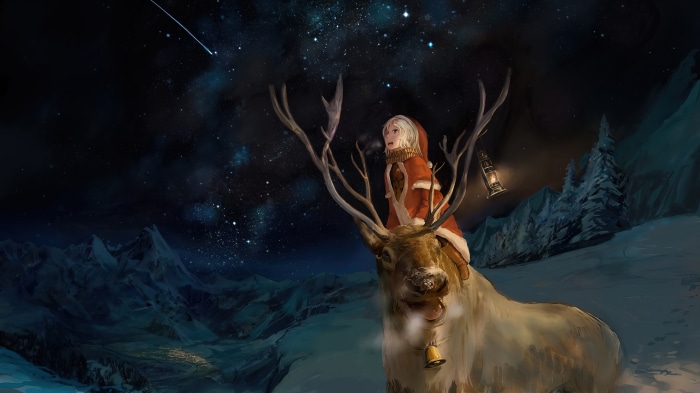 Anime girl in Santa outfit riding a reindeer under starry night sky