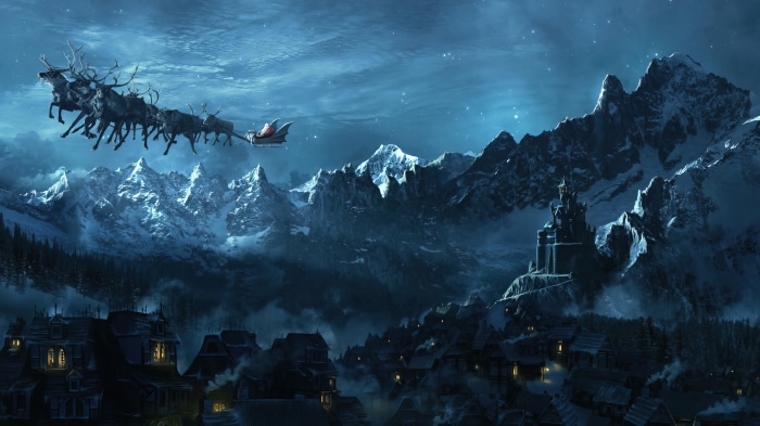 Santa Claus and reindeer sleigh flying over mountains 4K