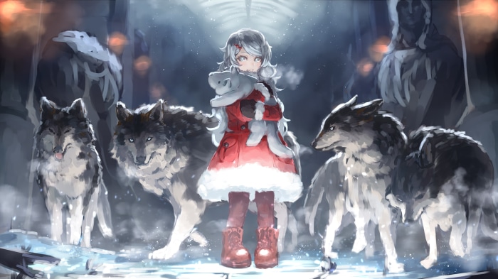 Anime girl in Santa outfit with wolves 4K