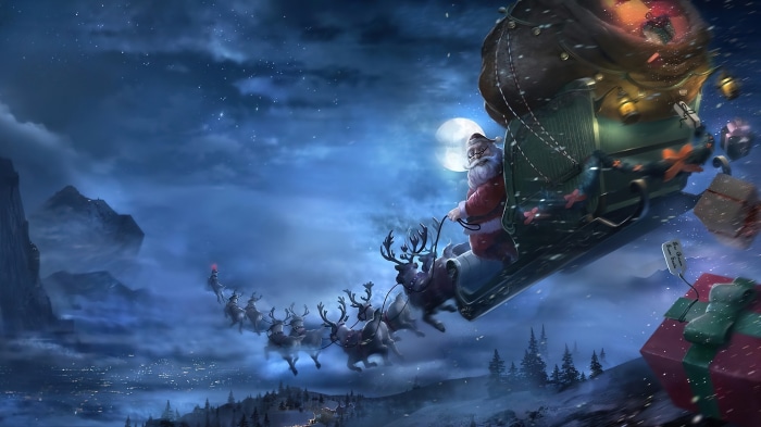 Santa Claus and reindeer in a sleigh, 4K