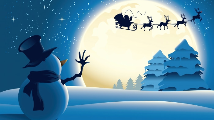 Snowman waving at Santa Claus in a sleigh with reindeer