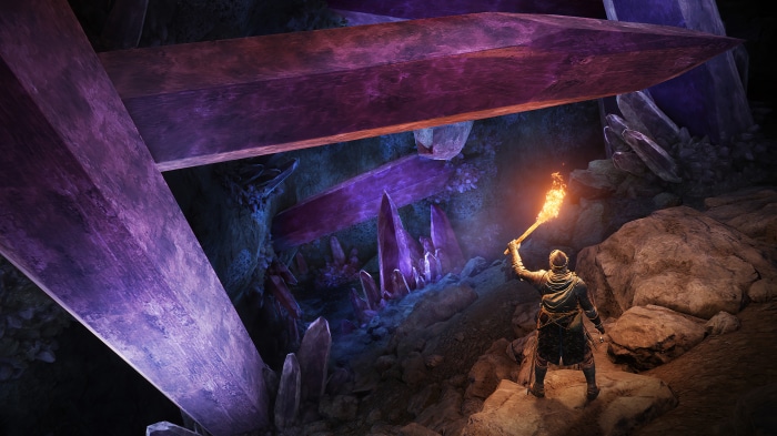 Elden Ring dungeon with purple crystals 4K