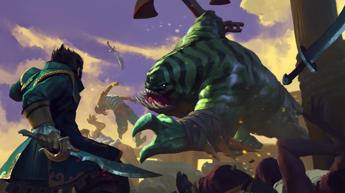 Kunkka from Dota 2 fighting a monster