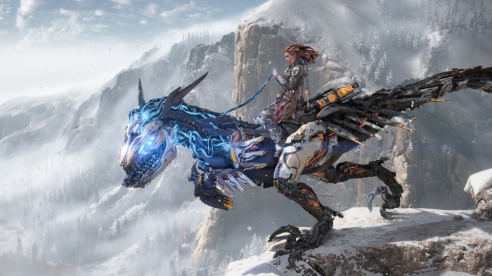 Aloy from Horizon Forbidden West on a mechanical creature in mountains