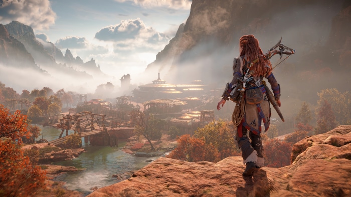 Aloy from Horizon Forbidden West in a village