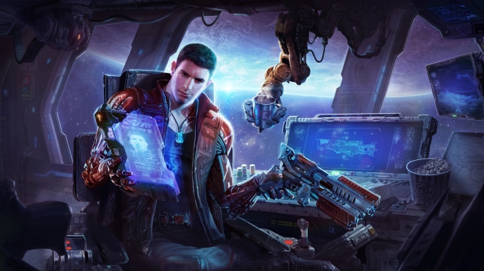 Man with holographic display and gun in spaceship cockpit