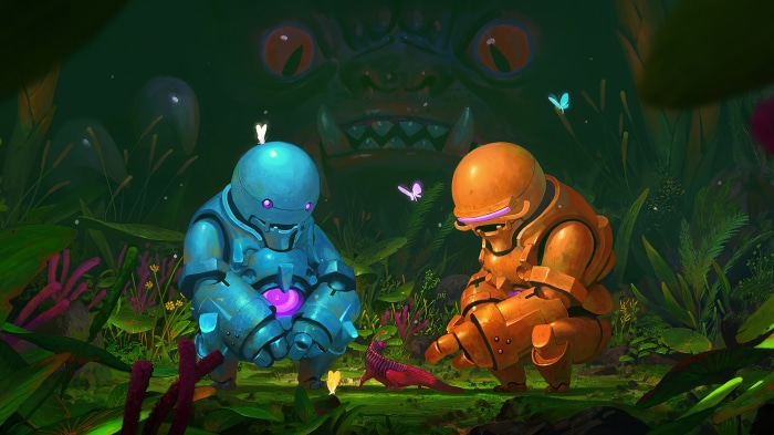 Robots and creature in a fantasy forest with a monster