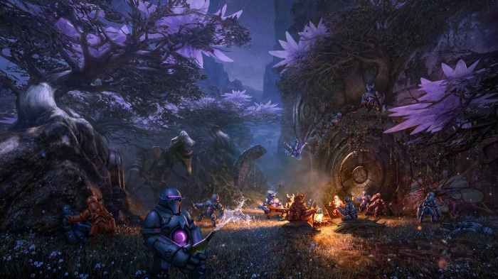 Overprime game characters gathered around a campfire