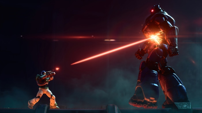 Buzz Lightyear from Lightyear fighting a giant robot