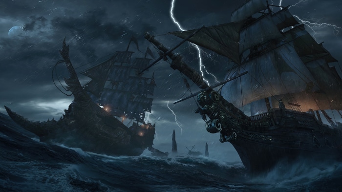 Two pirate ships in a stormy sea with lightning