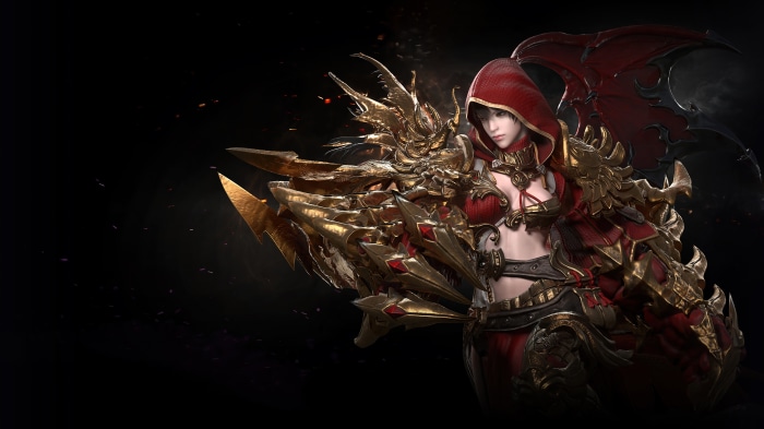 Lost Ark Scrapper in Red Hood and Gold Armor 4K