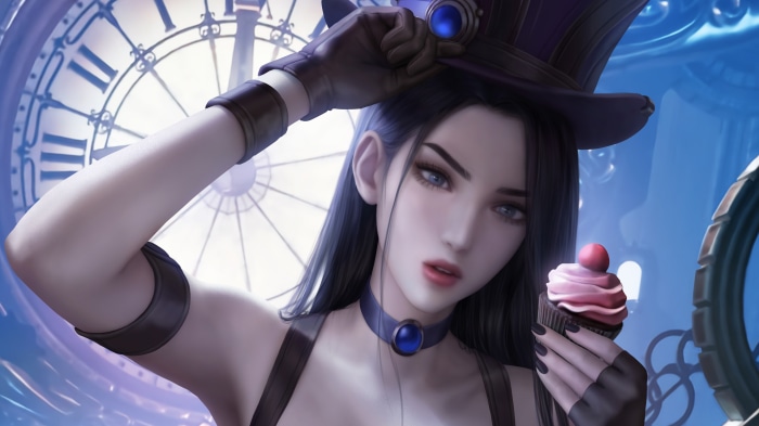 Caitlyn from League of Legends holding a cupcake