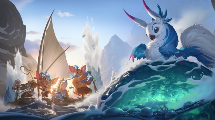 Bandle City creatures on a boat encounter a large bird creature