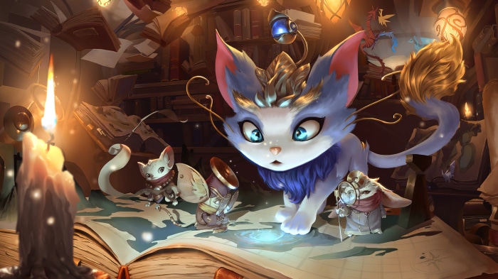 Yuumi and companions in a library from Legends of Runeterra