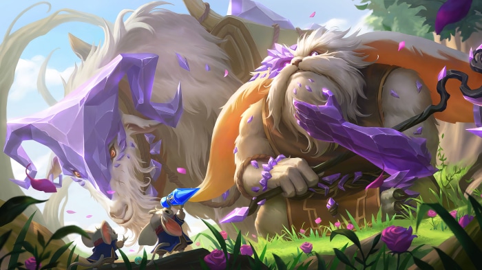 Bandle City Yordles with a large creature from Legends of Runeterra 4K