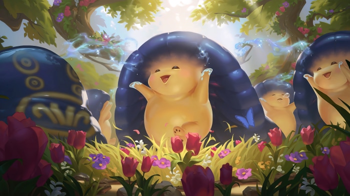 Mushroom creatures in a magical forest with flowers