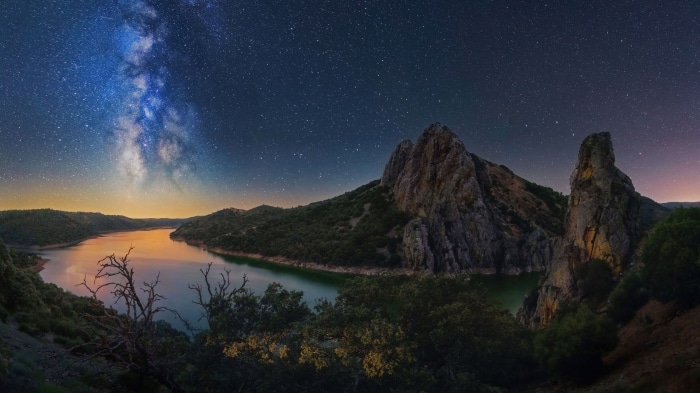 Milky Way over River and Mountains at Night 4K
