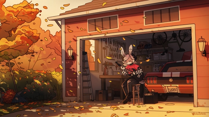 Anthropomorphic character playing guitar in garage during autumn