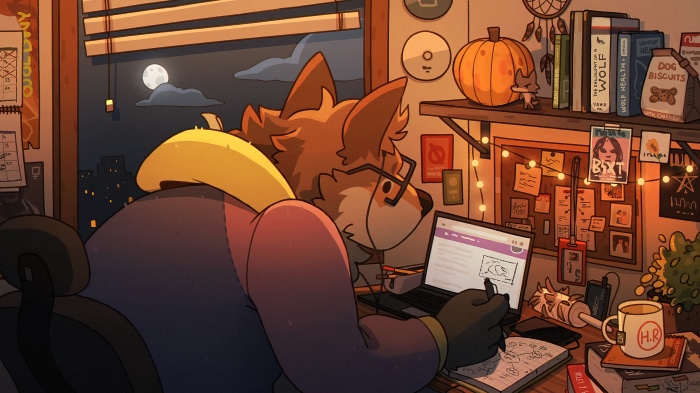 Anthropomorphic wolf studying at night