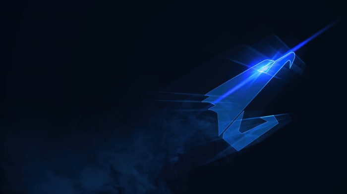 Aorus logo with blue light and smoke