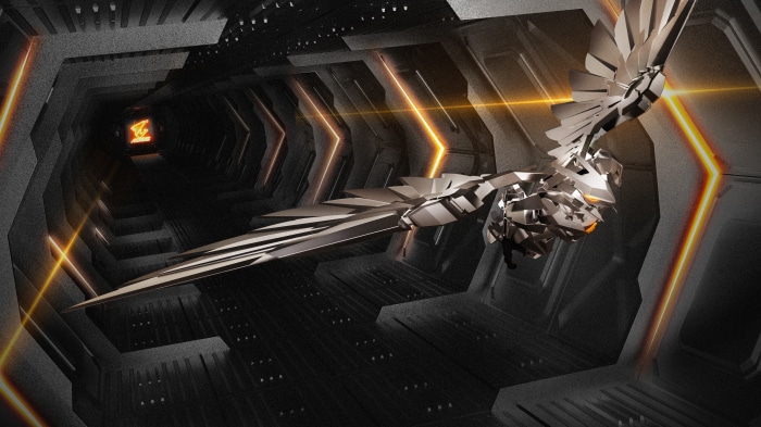Aorus mechanical bird in a futuristic tunnel