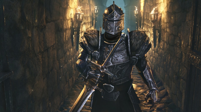 Knight in armor holding sword in The Elder Scrolls Online