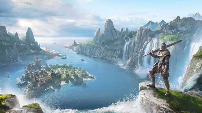 Knight overlooking a castle and waterfalls in The Elder Scrolls Online 4K